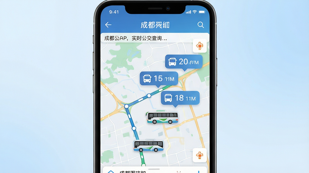 成都公交APP实时公交查询功能展示图,画面主体为手机屏幕特写,屏幕内显示着成都公交APP的地图界面,地图上有移动的公交车图标和预计到站时间气泡,布局采用居中构图,背景为柔和的浅蓝色渐变,风格简洁现代,细节强调时间数字与公交图标,画质2K,干净无杂乱,无多余元素