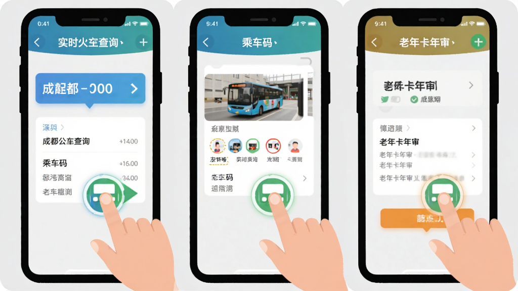 成都公交APP操作流程图解,画面展示三部手机并排,分别显示实时公交查询、乘车码、老年卡年审三个界面,布局为横向排列,风格为扁平化插画风,细节包含手指点击动作与界面元素高亮,画质清晰,背景干净浅灰,无多余元素
