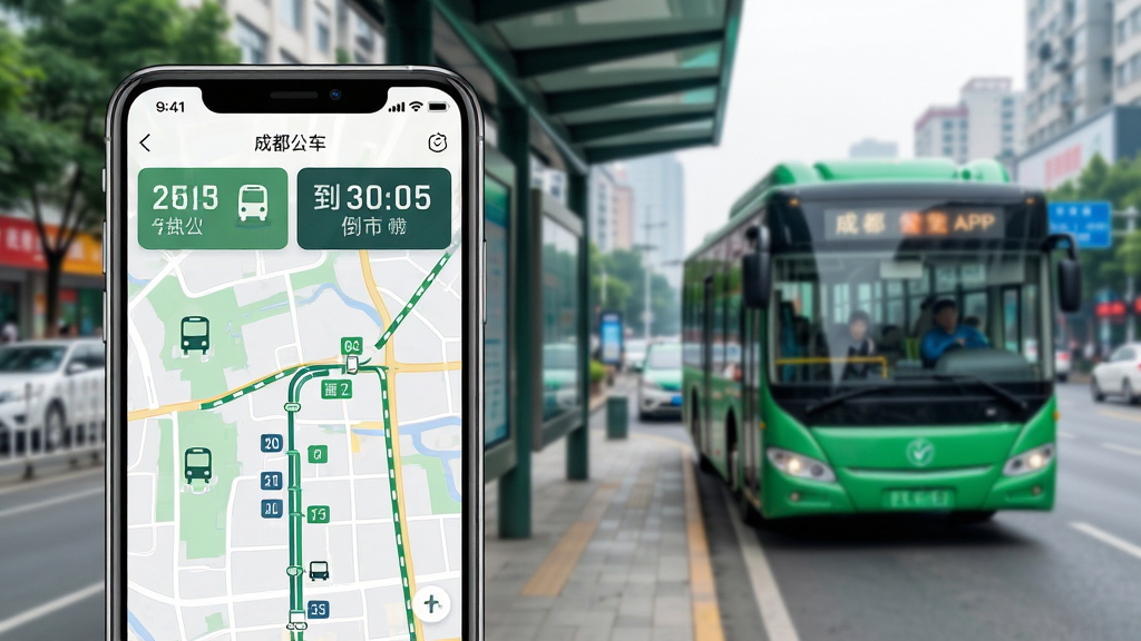 成都公交APP主界面与城市公交站台场景,画面中央一部智能手机显示着成都公交APP的实时公交地图界面,背景是繁华的成都城市街道与正在进站的绿色新能源公交车,布局左侧为手机特写,右侧为城市街景虚化,排版采用现代科技感风格,细节包含清晰的公交线路数字与到站时间倒计时,画质高清,干净明亮,无多余元素
