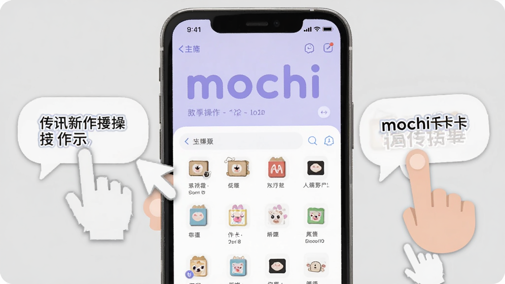 一张展示mochi字卡传讯新手操作提示的图片,画面中手机屏幕显示应用主界面,旁边有手指点击引导动画和文字提示气泡,背景为浅灰色,风格简洁明了,画质清晰,干净无多余元素