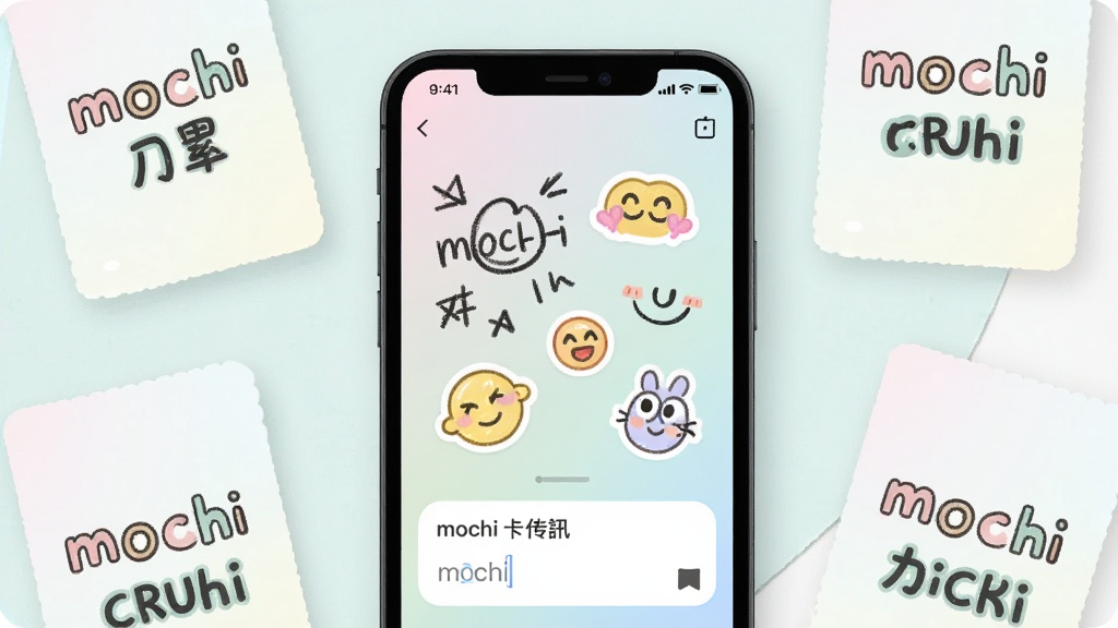 一张展示mochi字卡传讯应用的手机界面图,画面中央是手机屏幕,屏幕内显示色彩清新的字卡制作界面,包含手绘涂鸦、表情贴纸和文字输入框,背景为柔和的浅色渐变,周围散落几张已完成的mochi字卡,风格简洁可爱,画质清晰,干净无多余元素