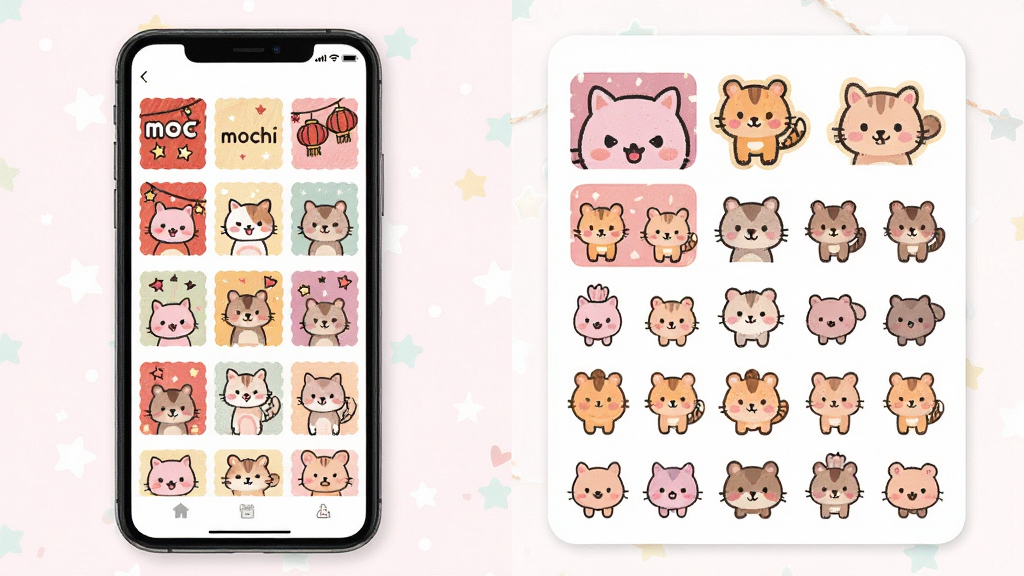 一张展示mochi字卡模板与贴纸库的图片,画面中手机屏幕显示网格状排列的模板缩略图和贴纸素材,包含节日、心情、动物等主题,色彩丰富但不杂乱,界面布局整齐,风格活泼可爱,画质清晰,干净无多余元素