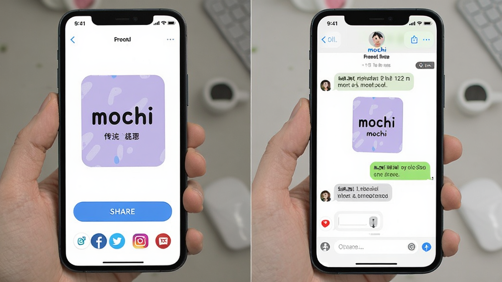 一张展示mochi字卡传讯分享功能的图片,画面中手机屏幕显示一张完成度很高的字卡,下方有分享按钮和多个社交平台图标,画面右侧有好友收到字卡后的聊天界面示意,整体风格简洁明快,画质清晰,干净无多余元素