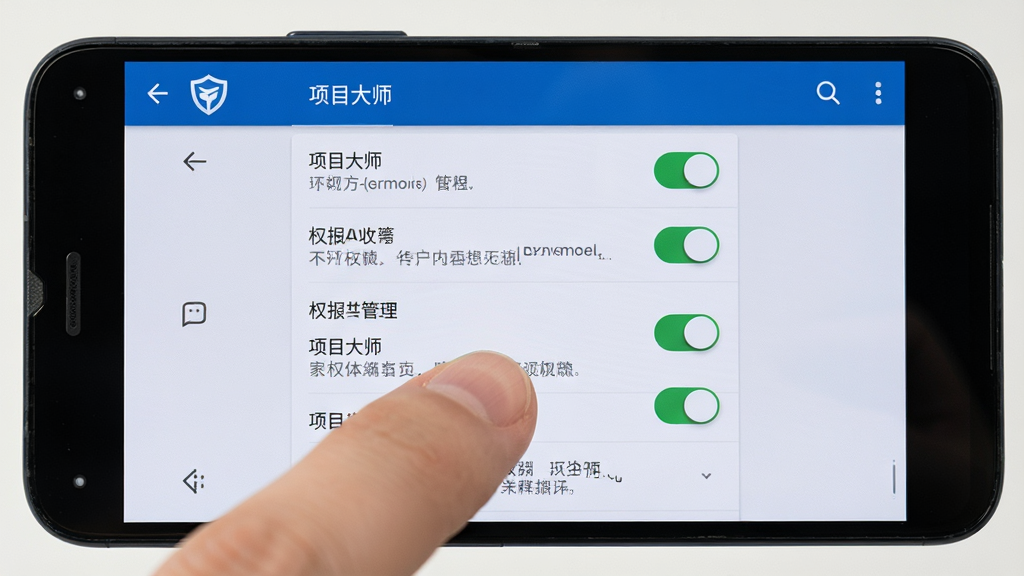 主体是一部安卓手机特写,屏幕显示“项目大师”设置界面中的权限管理页面,画面中有手指正在点击权限开关,布局为居中构图,风格为写实操作演示,细节包括权限列表、开关按钮、提示文字,画质高清,干净,无多余元素