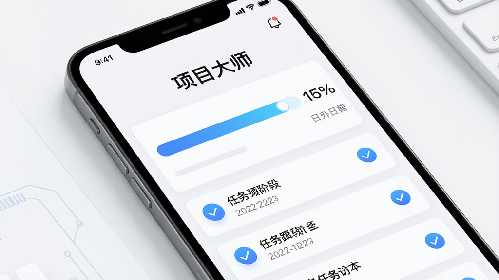 主体是一部智能手机,屏幕显示“项目大师”进度跟踪界面,包含横向进度条和多个阶段勾选卡片,布局为上下结构,上方是项目名称标题,中部是进度条和百分比数字,下方是任务节点列表,风格为清爽科技风,细节有蓝色渐变进度条、对勾图标、日期标签,画质高清,干净,无多余元素