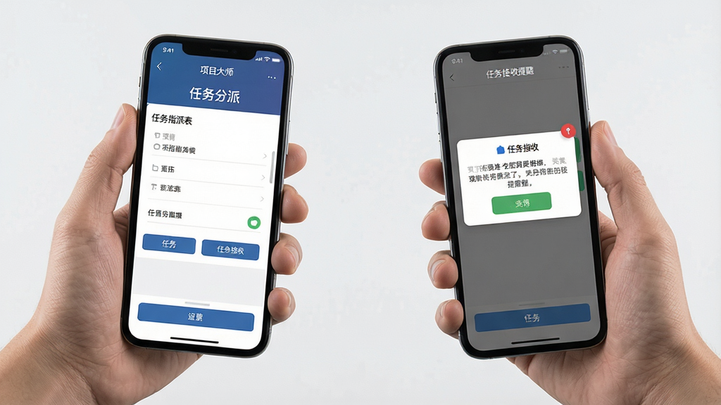 画面主体为两只手分别拿着手机,屏幕显示“项目大师”任务分派界面,左侧手机显示任务指派表单,右侧手机显示任务接收提醒,布局为左右对比式构图,风格为商务写实摄影感,细节包括手机边框、界面按钮、通知气泡,画质清晰,干净,无多余元素