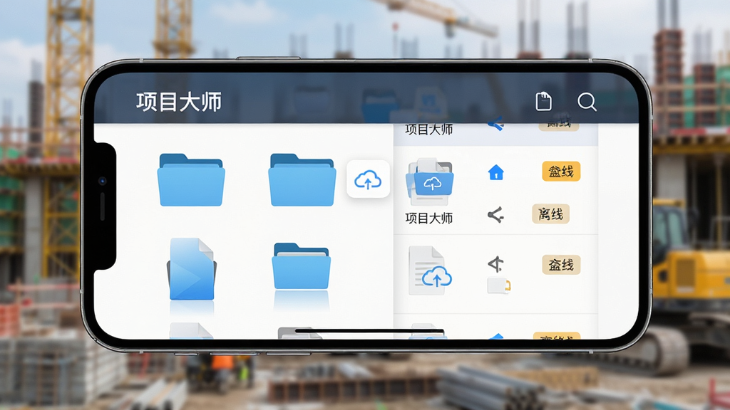 主体是一部手机横屏放置,屏幕显示“项目大师”资料归档界面,包含文件夹图标和文件列表,背景是模糊的工地环境,布局为居中特写,风格为写实科技感,细节有文件缩略图、云同步图标、离线标签,画质清晰,干净,无多余元素
