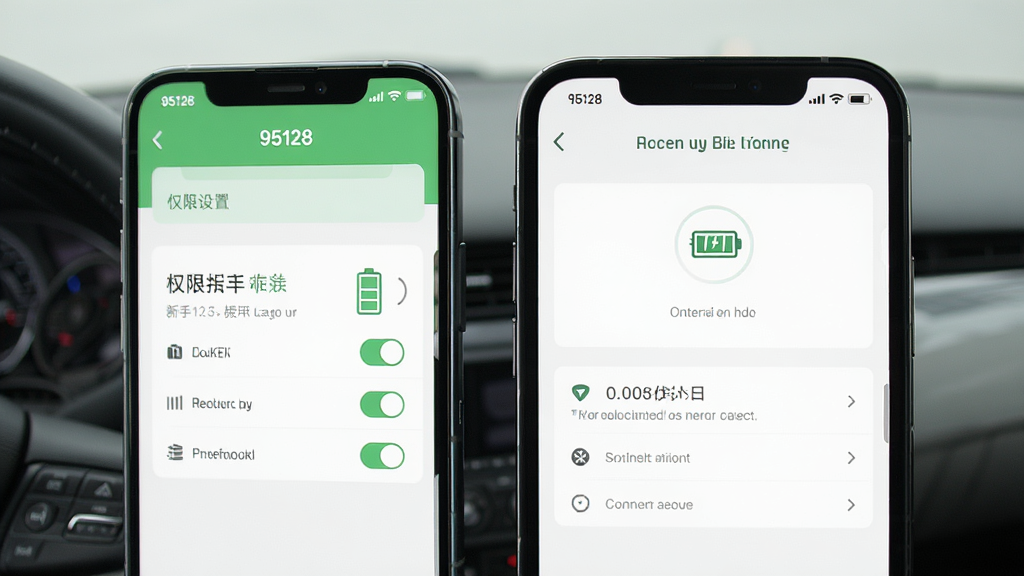 95128打车司机端新手设置引导界面,画面主体为手机屏幕显示权限设置和电池优化页面,布局采用列表式排版,风格为清新简约风,细节包括权限开关、电池图标、提示文字,画质高清,干净,无多余元素