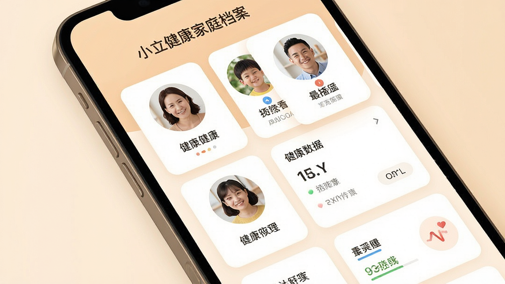 小立健康家庭档案界面,多个家庭成员头像卡片排列,健康数据摘要显示,手机屏幕展示,柔和暖色调,排版整齐,高画质,干净,无多余元素