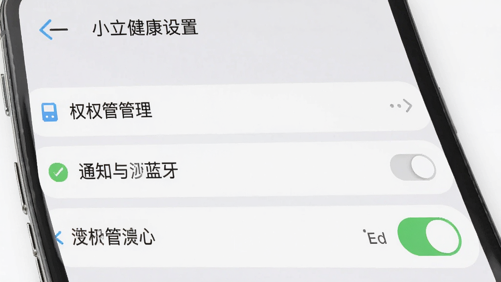 小立健康设置界面截图,权限管理列表,通知与蓝牙开关,手机屏幕展示,浅灰色背景,清晰文字,高画质,干净,无多余元素