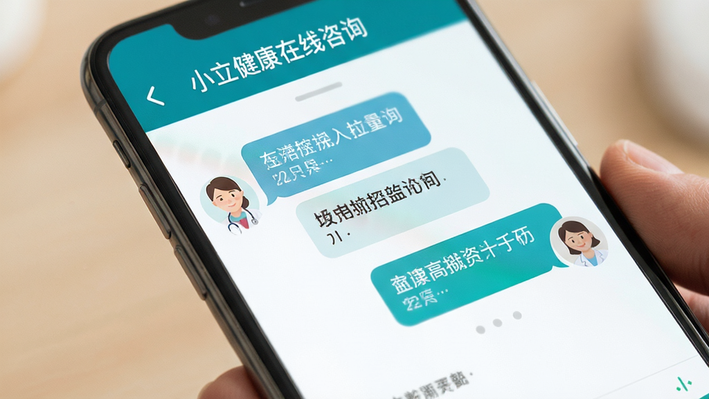 小立健康在线咨询界面,医生与用户对话气泡,手机屏幕特写,蓝绿色调,温馨专业氛围,布局简洁,细节丰富,高画质,干净,无多余元素