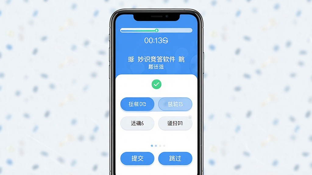 一张展示妙识竞答软件主界面的手机应用截图风格图片,画面中央是一部竖屏智能手机,屏幕内显示妙识竞答的答题界面,顶部有进度条和倒计时,中部是题目文字和四个选项按钮,底部有提交和跳过按钮,整体配色以蓝白为主,风格简洁清新,布局居中对称,细节包括按钮圆角、选项高亮状态、答题正确提示图标,画质高清干净,无多余元素