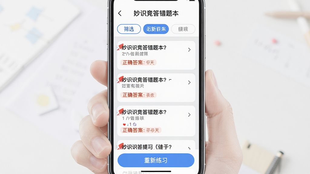 妙识竞答错题本界面展示,手机屏幕内显示错题列表,每道题旁边有红色标记和正确答案提示,顶部有筛选标签,底部有重新练习按钮,整体布局清晰,配色以白色和浅灰为主,点缀蓝色按钮,画质高清干净,无多余元素