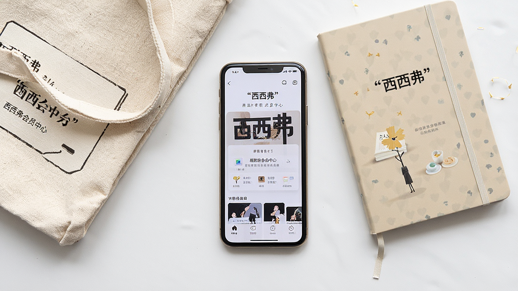 主体为手机与文创产品组合摆放,屏幕显示西西弗会员中心页面,布局采用俯拍平铺排版,风格简约生活化,细节包括帆布袋纹理、笔记本封面、手机界面图标,画质高清干净,画面中文字使用引号标注“西西弗”