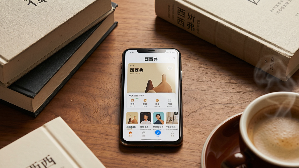 主体为一部智能手机放置在木质桌面上,屏幕显示西西弗应用首页界面,周围散落几本精装书籍和一杯咖啡,布局采用中心构图,排版上方留白突出手机屏幕,风格为温暖文艺的实拍质感,细节包括书脊纹理、咖啡热气、手机边框高光,画质高清干净无多余元素,画面中文字使用引号标注“西西弗”