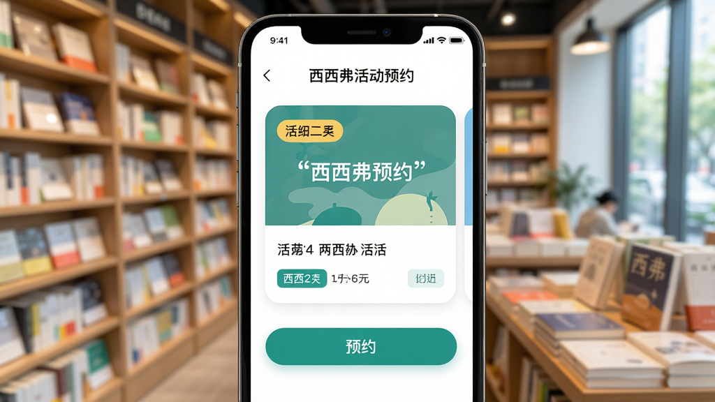 主体为手机屏幕特写显示西西弗活动预约页面,背景为虚化的书店内景书架,布局采用竖版居中排版,风格清新明亮,细节包括活动卡片圆角、日期标签、预约按钮高亮,画质清晰干净,画面中文字使用引号标注“西西弗”