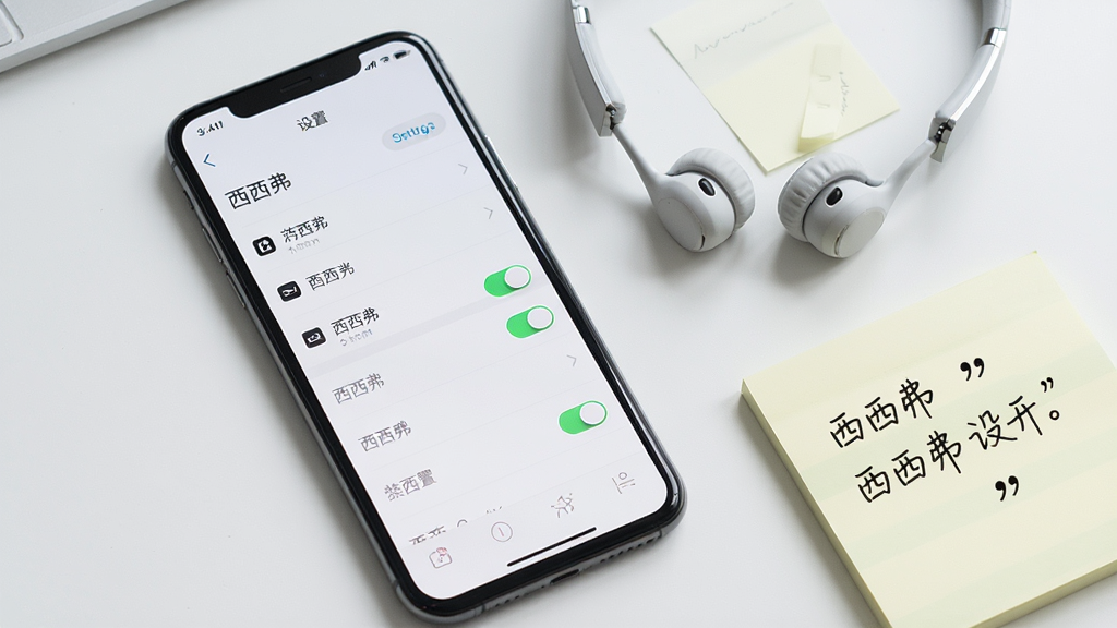 主体为手机屏幕显示西西弗设置界面,旁边放置一副耳机和便签纸,布局采用斜角俯视排版,风格现代简洁,细节包括设置选项图标、开关按钮、便签手写字迹,画质清晰干净,画面中文字使用引号标注“西西弗”