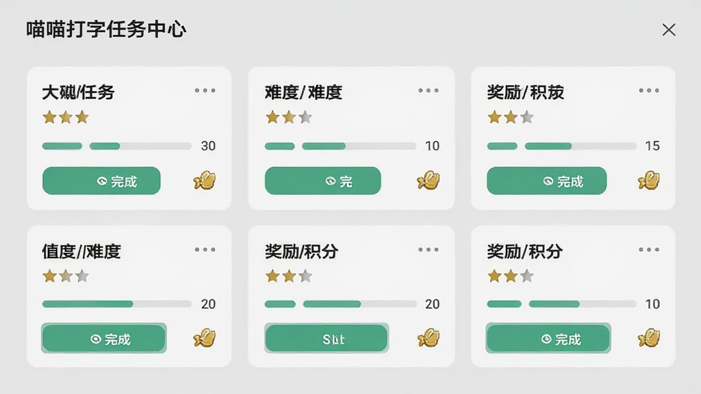 喵喵打字任务中心界面,显示多个任务卡片,每个卡片上有任务名称、难度星级、奖励积分,背景是浅灰色,风格简约商务,细节包括完成按钮、进度条、积分图标,画质清晰,干净,无多余元素