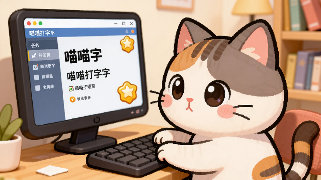 一个卡通猫咪形象坐在电脑前打字,屏幕上显示喵喵打字软件界面,旁边有任务列表和积分图标,背景是温馨的书房环境,风格可爱活泼,细节包括猫咪专注的表情、键盘上的手指、屏幕上的文字,画质清晰,干净,无多余元素