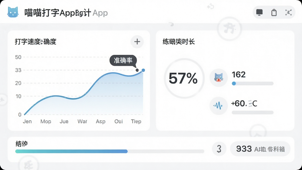 喵喵打字App的数据统计页面截图,显示打字速度曲线图、准确率百分比、练习时长等数据,页面配色清爽,图表清晰,背景是白色,细节包括进度条、数字标签、图标,画质清晰,干净,无多余元素