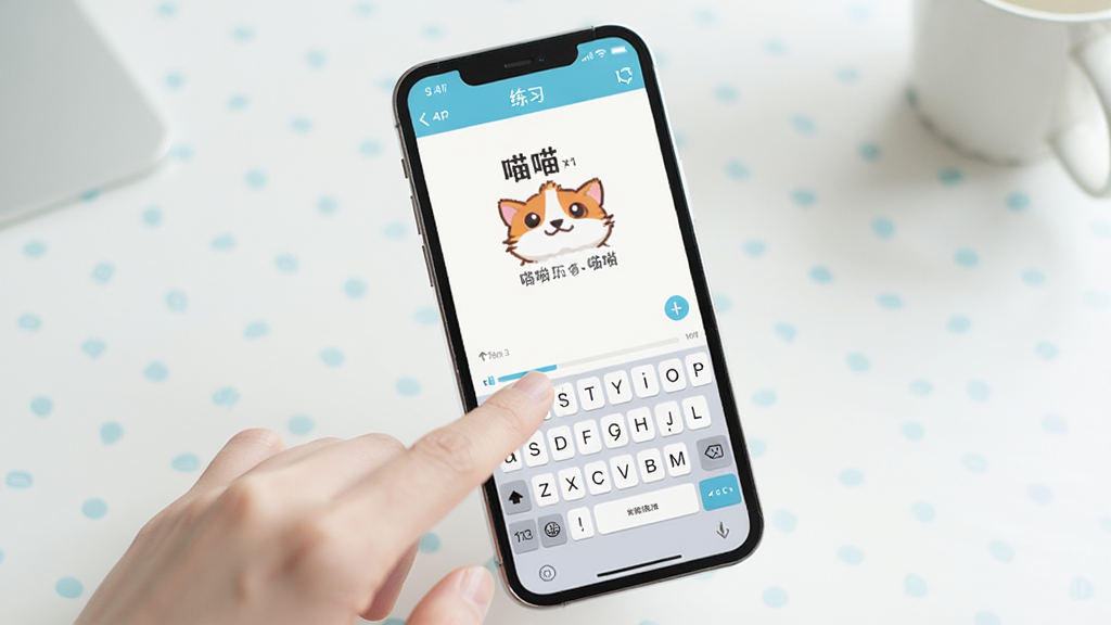 一部手机屏幕上显示喵喵打字App的练习界面,旁边有一只手正在点击屏幕,背景是简洁的桌面,风格清新浅色,细节包括屏幕上的文字、虚拟键盘、进度条,画质清晰,干净,无多余元素