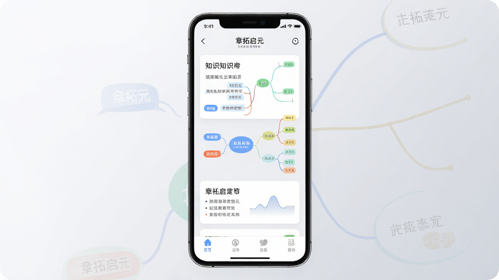 一款名为“章拓启元”的手机应用界面展示,主体为一部竖屏智能手机,屏幕内显示知识卡片与思维导图结合的界面,布局为手机居中放置,背景为浅灰色渐变,风格为现代科技感扁平化设计,细节包括卡片上的文字线条、标签颜色分类、底部导航栏图标,画质高清,干净,无多余元素
