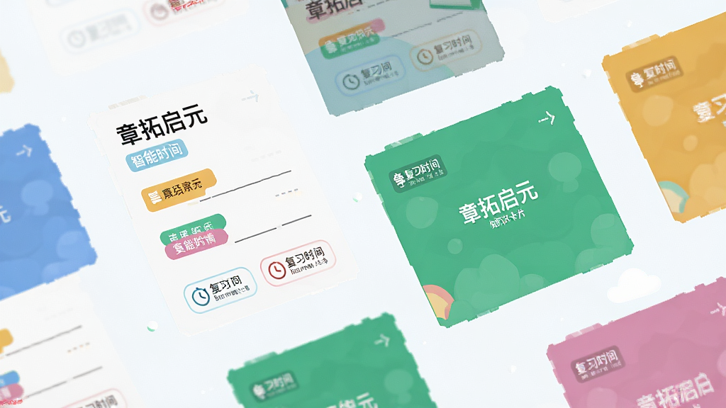 一张展示“章拓启元”智能知识卡片功能的图片,主体为多张彩色卡片悬浮排列,布局为卡片错落有致,排版呈现卡片正面与背面翻转效果,风格为清新简约的扁平插画,细节包括卡片上的标签、文字线条、复习时间图标,画质高清,干净,无多余元素