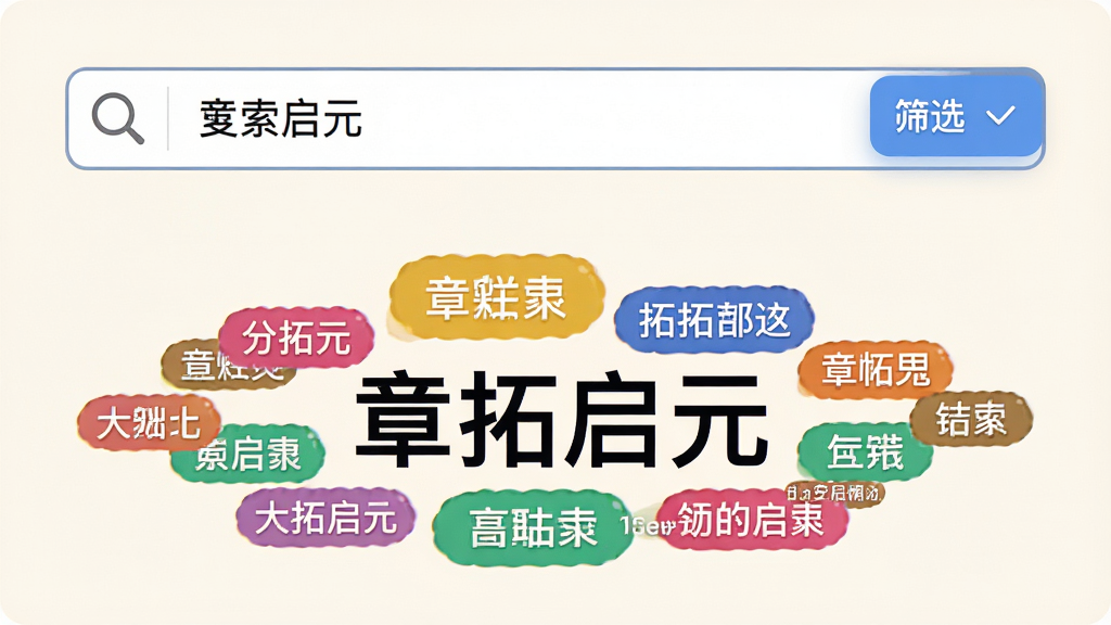 一张展示“章拓启元”标签与搜索功能的图片,主体为搜索框与彩色标签云,布局为搜索框在上方,标签云在下方环绕,排版清晰,风格为浅色背景搭配鲜艳标签,细节包括放大镜图标、标签文字、筛选按钮,画质高清,干净,无多余元素