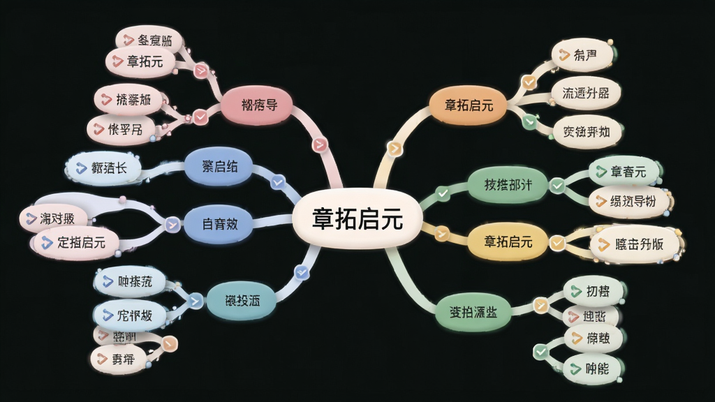 一张展示“章拓启元”思维导图功能的图片,主体为树状结构的思维导图节点,布局为从中心向外辐射,排版层次分明,风格为柔和圆角设计,细节包括节点间的连接线、颜色区分、折叠图标,画质高清,干净,无多余元素