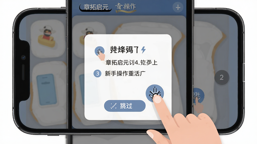一张展示“章拓启元”新手操作界面的图片,主体为手机屏幕显示引导教程浮层,布局为屏幕中央有步骤提示框,排版简洁,风格为扁平化插画,细节包括手指点击图标、步骤序号、跳过按钮,画质高清,干净,无多余元素