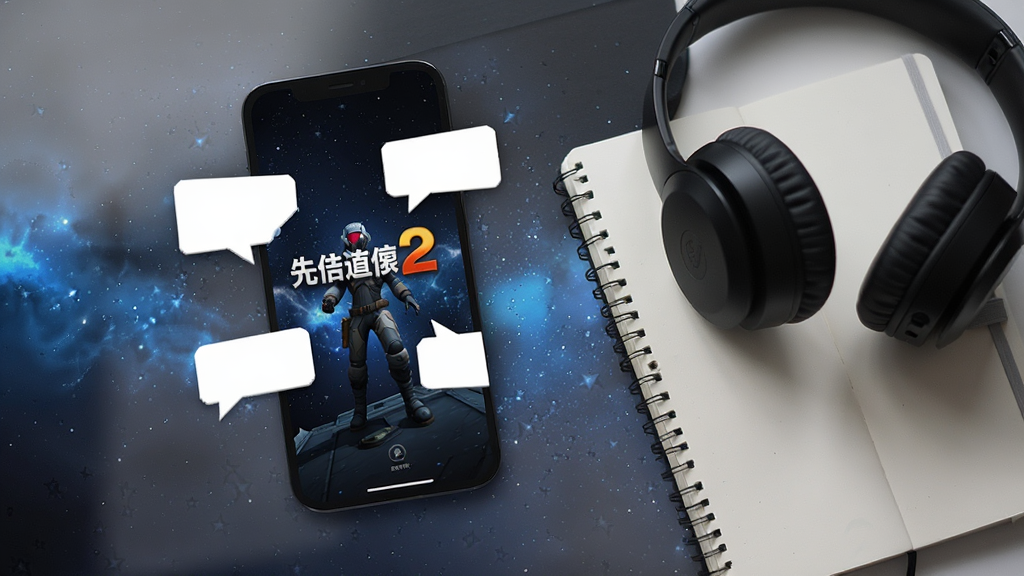 一部智能手机屏幕显示宣告者2的游戏标题界面,背景是深色星空与漂浮的白色对话气泡,手机旁边放着耳机与笔记本,整体风格简洁现代,画质清晰,干净,无多余元素