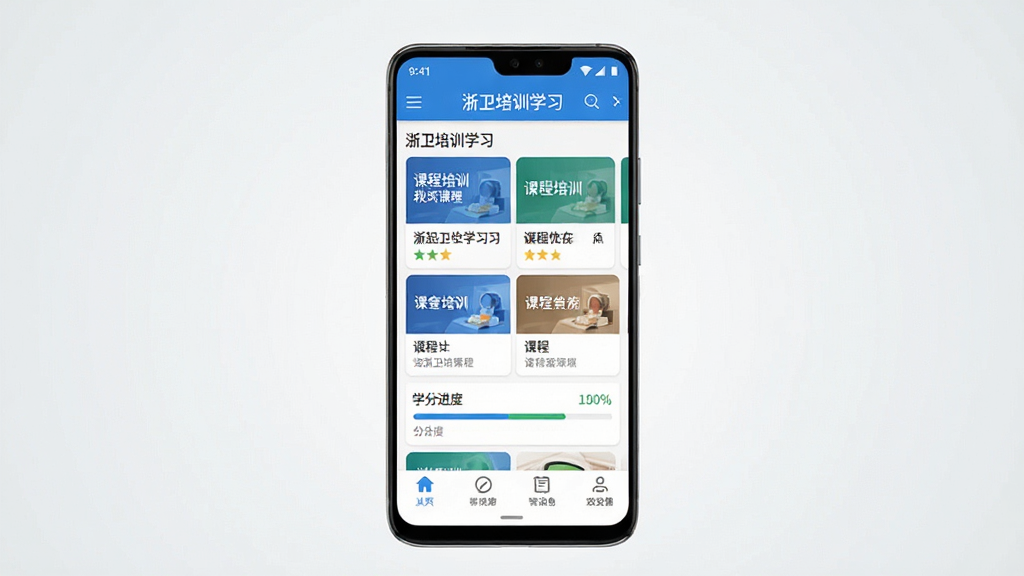一张展示手机屏幕中运行浙卫培训学习应用的整体界面截图,画面中央是一部竖屏安卓手机,手机屏幕内显示浙卫培训学习首页,页面顶部有蓝白色调导航栏,中间排列着课程卡片和学分进度条,底部有功能选项卡,背景为干净浅灰渐变,整体风格简洁专业,排版居中对称,画质清晰干净,无多余元素