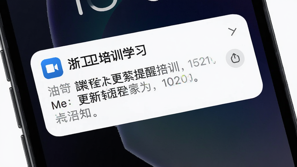 一部手机锁屏界面特写,屏幕上显示一条来自浙卫培训学习的通知消息,消息内容为课程更新提醒,手机背景为深色渐变壁纸,通知卡片为白色圆角矩形,画面简洁现代,排版清晰,画质干净,无杂乱元素