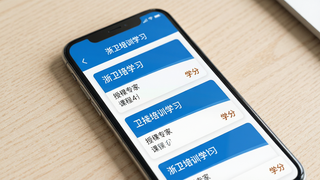 一部手机屏幕特写,屏幕中展示浙卫培训学习的课程列表页面,页面内排列着多个课程卡片,每张卡片上有课程名称、授课专家姓名和学分标注,整体色调以蓝白为主,画面干净清爽,主体突出手机屏幕,背景为浅色桌面,排版简洁,画质高清,无杂乱元素