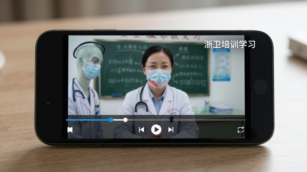 一张手机横屏播放视频课程的界面截图,画面中手机横放在桌面上,屏幕内正在播放医学教学视频,视频下方有进度条和播放控制按钮,画面右上角显示浙卫培训学习字样,整体风格写实,光线柔和,排版干净,画质清晰,无多余装饰
