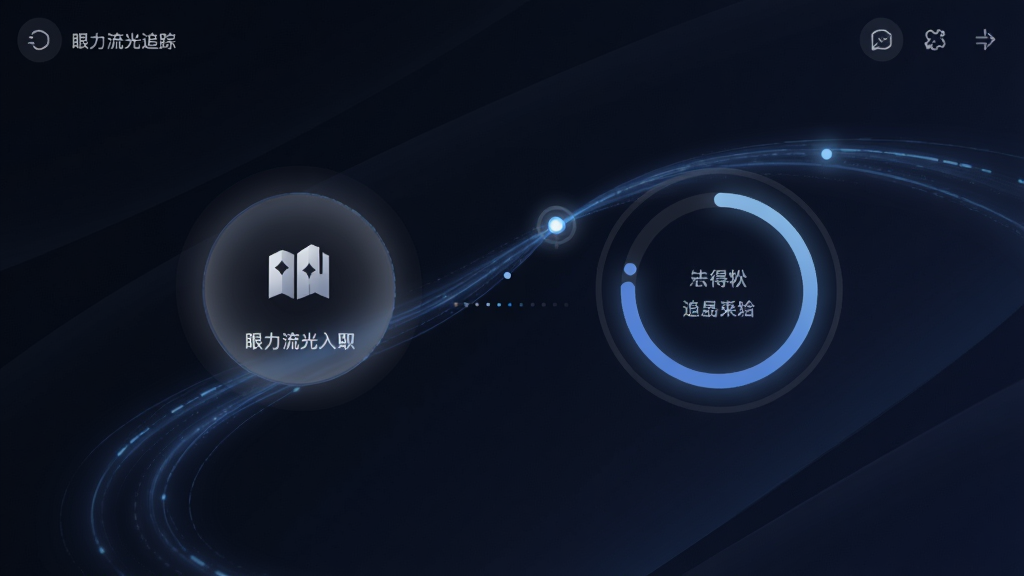 眼力流光追踪软件主界面预览图,主体为深色渐变背景上的流光轨迹与亮点目标,布局居中展示训练入口和得分环,排版简洁清晰,风格偏科技感与轻量化,细节包含发光线条、柔和光晕和极简图标,画质高清,干净,无多余元素