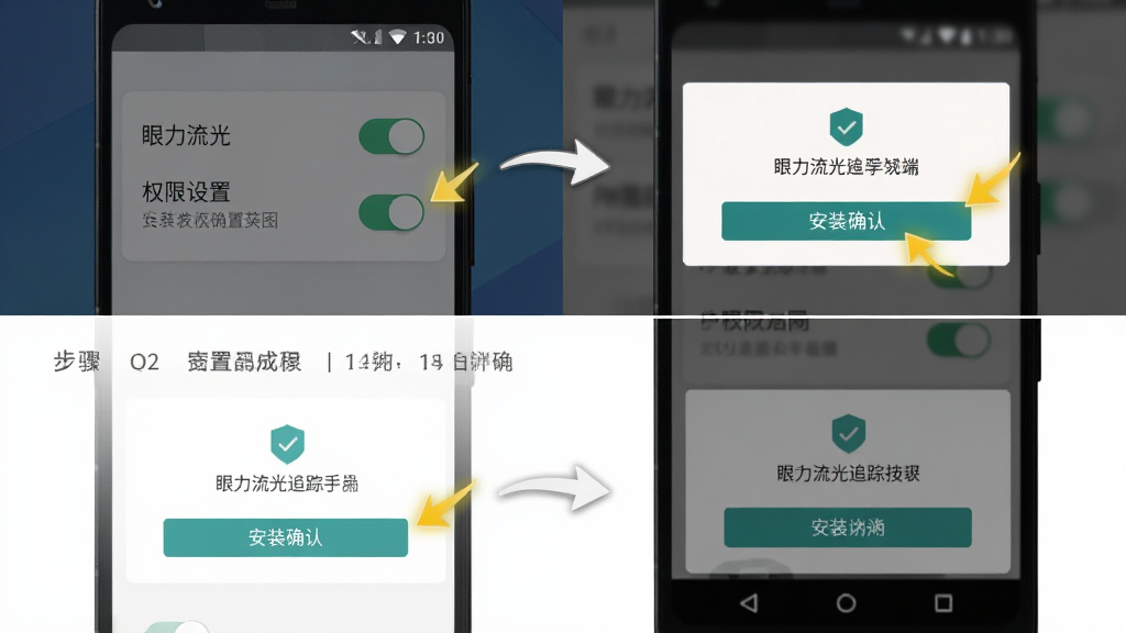 眼力流光追踪手机端安装与权限设置示意图,主体为安卓手机界面中的权限开关和安装确认弹窗,布局采用上下分栏展示步骤,排版清晰标注重点按钮,风格偏教程与实用,细节包含高亮箭头、权限图标和简洁文字说明,画质清晰,干净,无多余元素