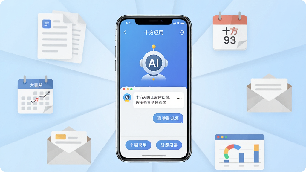 一幅展示十方AI员工应用核心功能的场景图,画面中央是一部智能手机,屏幕显示十方应用主界面,界面中有一个醒目的AI助手图标和对话窗口,手机周围环绕着文档、日历、邮件、图表等办公元素,整体布局为手机居中、四周元素呈放射状排列,风格为现代科技感扁平化设计,细节包括界面上的中文按钮和图标、手机边框的光泽感、背景为浅蓝色渐变,画质高清、干净、无多余元素