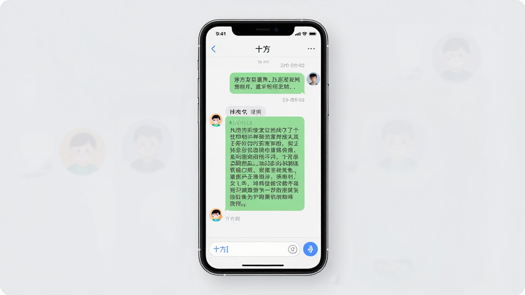 一幅展示十方AI对话交互功能的图片,画面主体是一个手机屏幕,屏幕上显示十方应用的聊天界面,用户发送了一条中文消息,AI回复了一段结构清晰的文字内容,界面底部有输入框和语音按钮,布局为手机正面居中展示,风格为清新简约的UI设计风格,细节包括聊天气泡的圆角设计、时间戳、头像图标,背景为柔和的浅灰色,画质高清、干净、无多余元素