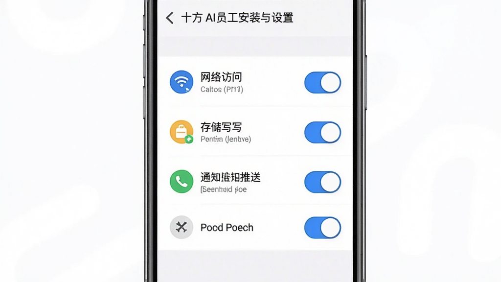 一幅展示十方AI员工应用安装与设置流程的图片,画面主体是一部智能手机,屏幕上显示权限设置界面,界面中有网络访问、存储读写、通知推送等权限开关,布局为手机居中展示,风格为简洁明了的UI设计风格,细节包括权限图标为彩色扁平化风格、开关按钮为蓝色、背景为白色,画质高清、干净、无多余元素