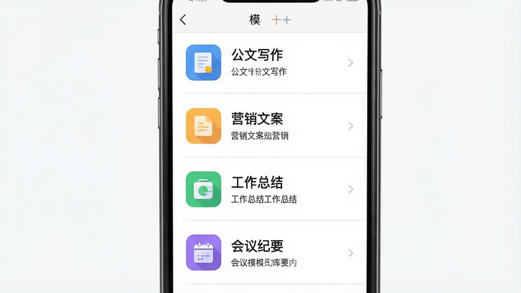一幅展示十方AI模板库功能的图片,画面主体是一个手机屏幕,屏幕上显示模板库列表界面,列表中包含公文写作、营销文案、工作总结、会议纪要等多个模板分类,每个分类配有图标和简短说明,布局为手机居中、列表纵向排列,风格为清爽浅色UI设计风格,细节包括分类图标为彩色扁平化风格、列表项之间有浅灰色分割线,背景为白色,画质高清、干净、无多余元素
