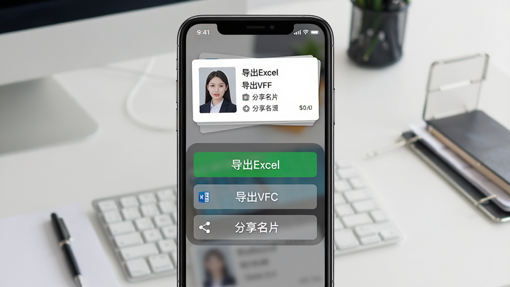 一张展示名片录导出功能的界面截图风格图片,手机屏幕中显示导出选项菜单,包括“导出Excel”“导出VCF”“分享名片”等按钮,屏幕上方有一张已整理好的名片信息卡片,背景为简约办公桌面,风格干净商务,细节到位,画质清晰,无多余元素
