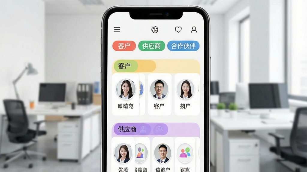 一张展示名片录应用内部分类管理界面的图片,屏幕中显示多个彩色标签分组如“客户”“供应商”“合作伙伴”,每个分组下排列着联系人头像与姓名,界面布局清晰,背景为浅色办公环境,风格清新商务,细节丰富,画质干净,无多余元素