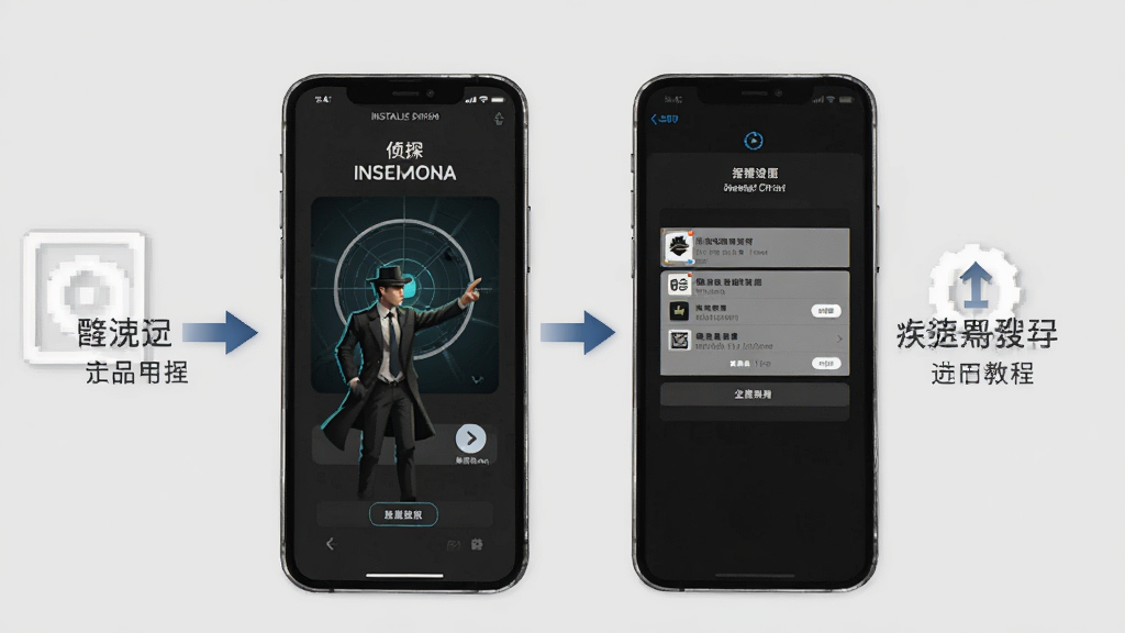 侦探瞬移疾速搜使用教程示意图,画面中一部手机显示安装界面和权限设置页面,旁边有箭头指示操作步骤,背景为浅灰色,风格简洁明了,画质清晰,干净无多余元素