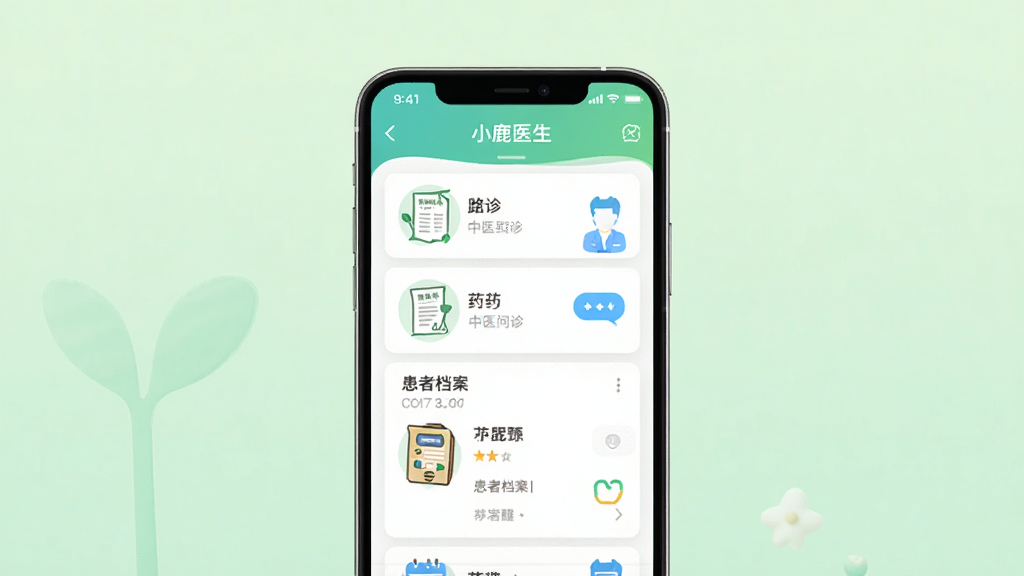 小鹿医生版手机应用界面展示图,画面中央一部智能手机竖屏显示中医问诊列表与患者档案卡片,背景为浅绿色渐变,布局简洁,风格清新医疗风,细节包含药方图标、消息气泡、日历提醒,画质清晰干净无多余元素