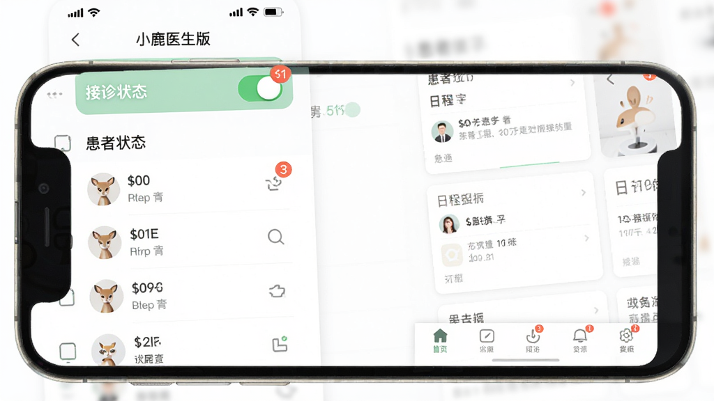 小鹿医生版工作台界面截图,手机屏幕显示接诊状态开关、患者列表和日程卡片,背景为白色,风格清爽素雅,细节包含图标、数字角标、底部导航栏,画质清晰干净无多余元素