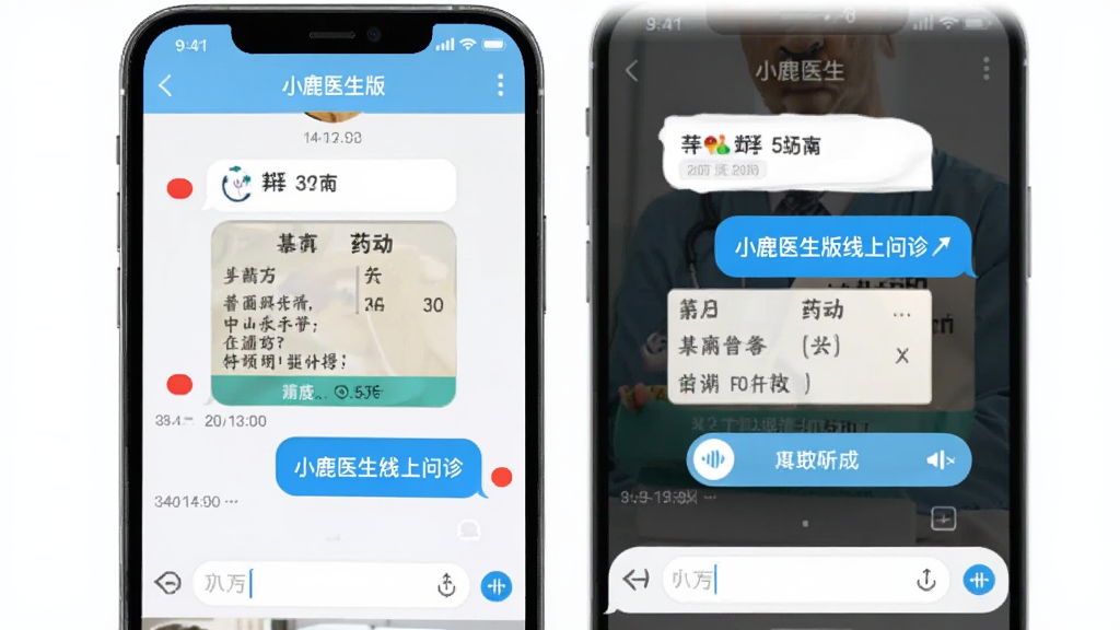 小鹿医生版线上问诊聊天界面,画面中手机屏幕显示医生与患者的对话气泡,包含药方图片和语音条,背景为白色与浅蓝配色,风格简约商务,细节有未读红点、时间戳、输入框,画质清晰干净无多余元素