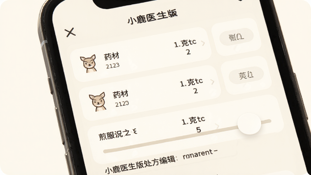 小鹿医生版处方编辑界面,手机屏幕显示中药方剂列表与剂量调整滑块,背景为米白色,风格柔和圆角,细节包含药材名称、克数、煎服说明,画质清晰干净无多余元素