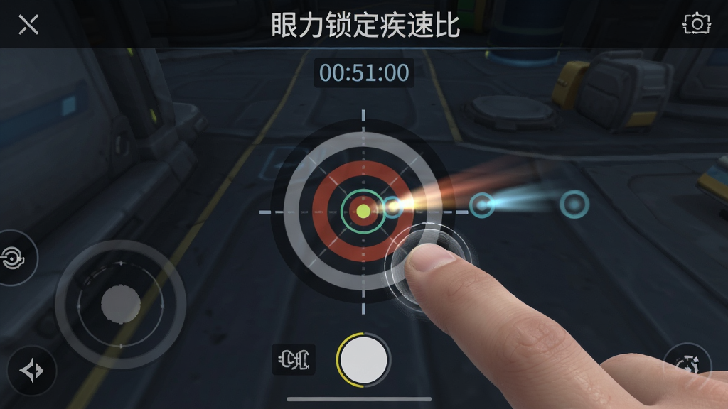 一张手机屏幕录制截图风格的AI图片,主体为“眼力锁定疾速比”运行时的动态目标与手指点击瞬间,布局为第一人称视角,风格为写实手机游戏截图,细节包含手指触控点、目标圆点拖尾、深色界面、毫秒计时器叠层,画质高清,干净,无多余元素