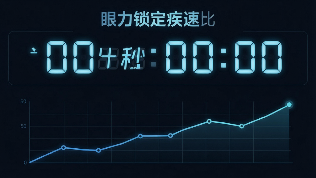 一张信息图表风格的AI生图,主体是“眼力锁定疾速比”的计时数据面板,布局为上下结构,上方显示毫秒级计时数字,下方展示折线趋势图,风格为极简数据可视化,细节包含数字发光效果、深色背景、网格线,画质高清,干净,无多余元素